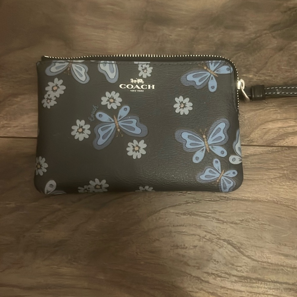 Coach blue butterfly and flower wristlet nwt